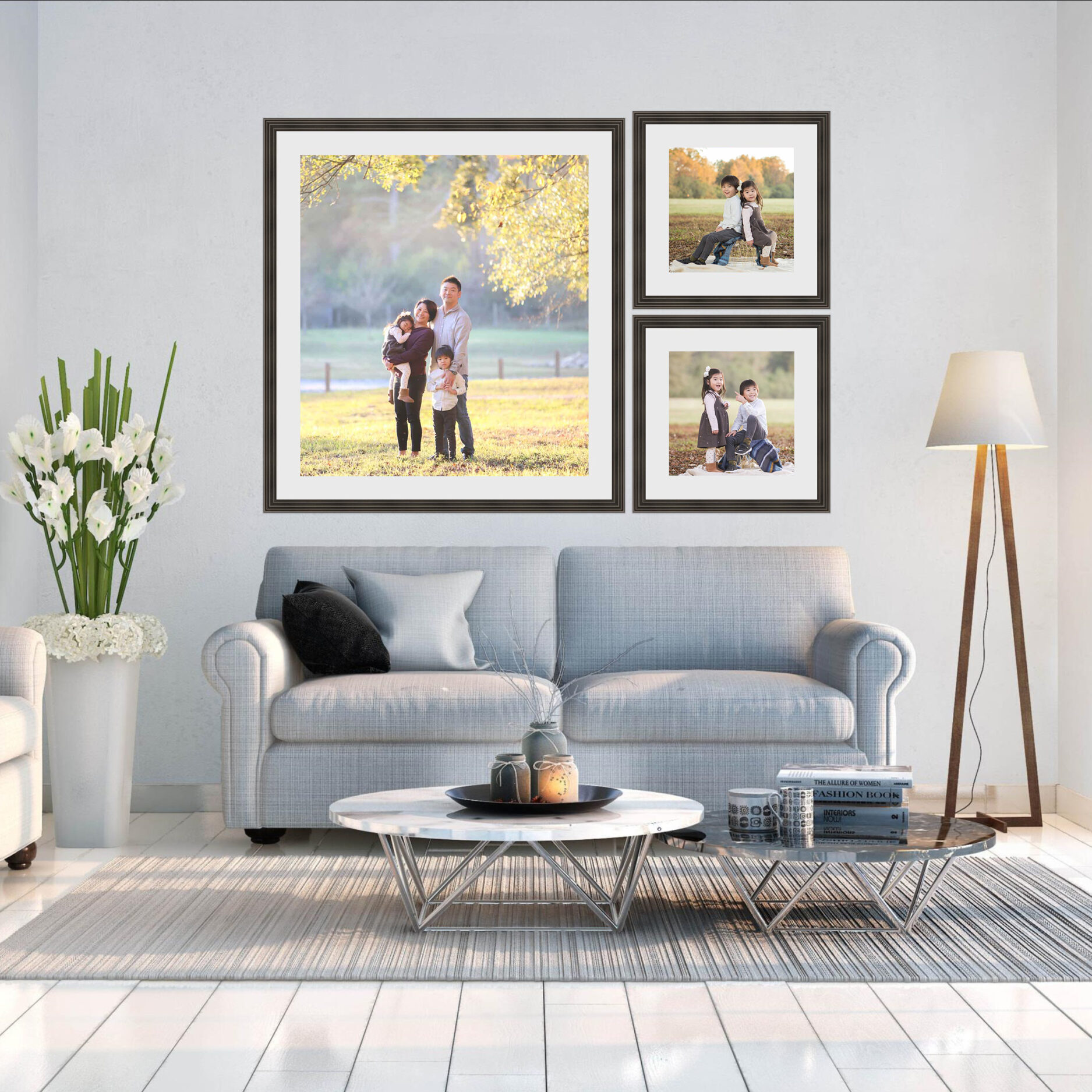 Family room with large wall art display of family portraits