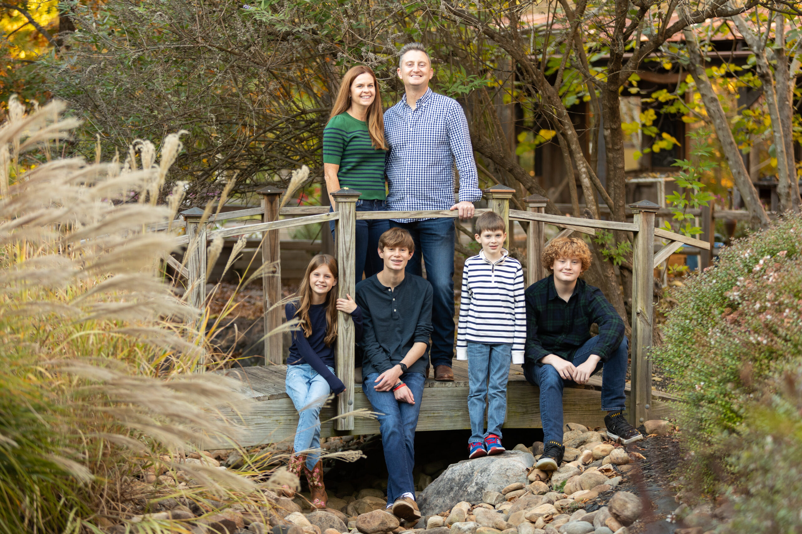 Family of six on a bridge in Johns Creek, Georgia