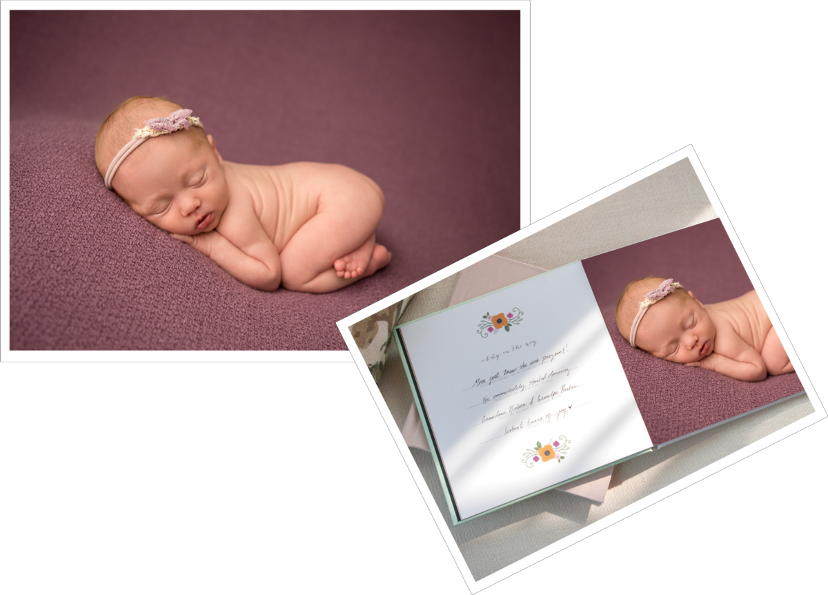 Newborn baby girl on dark pink background, with inset of the image in a baby album