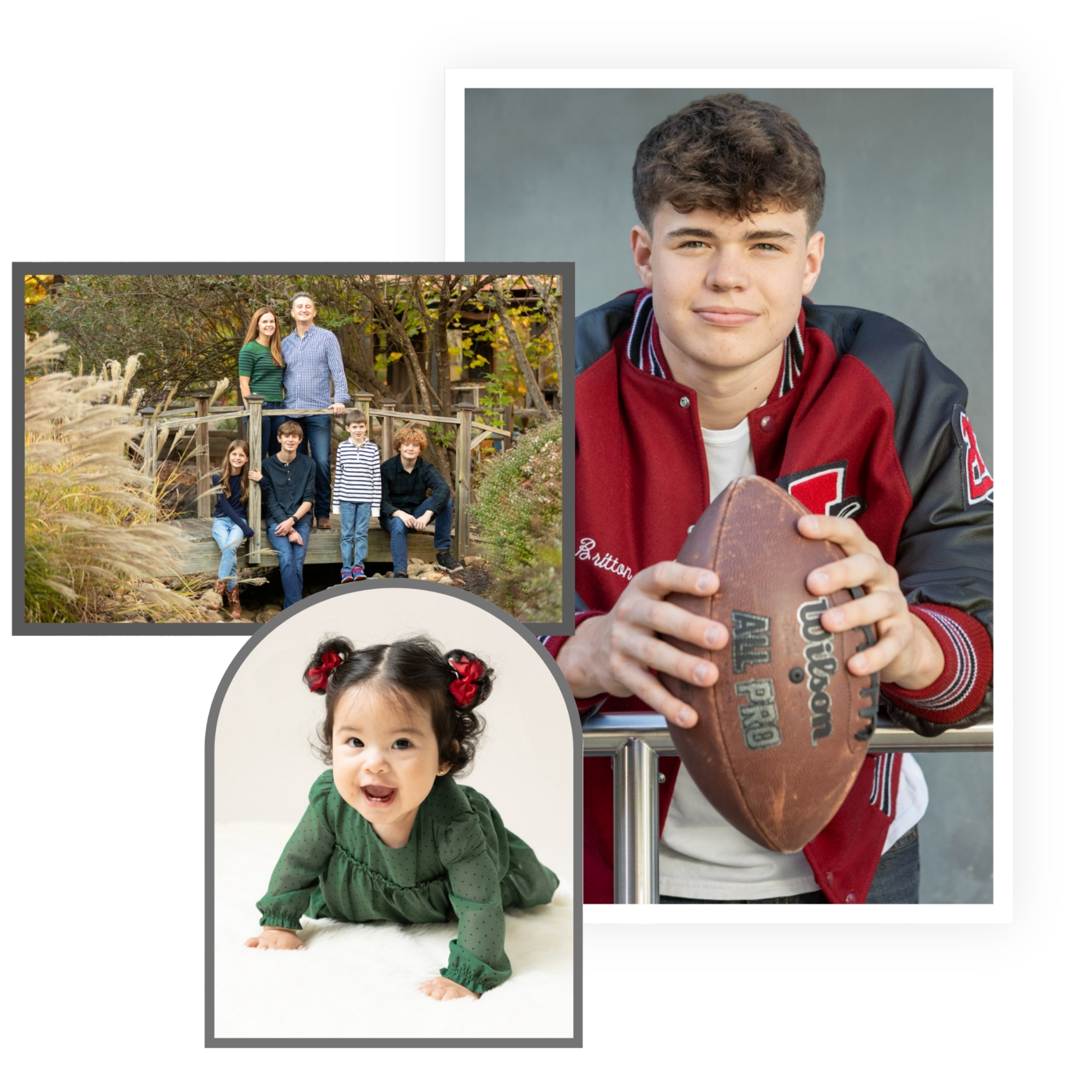 collage of a family portrait, Senior portrait, and baby portrait in Alpharetta