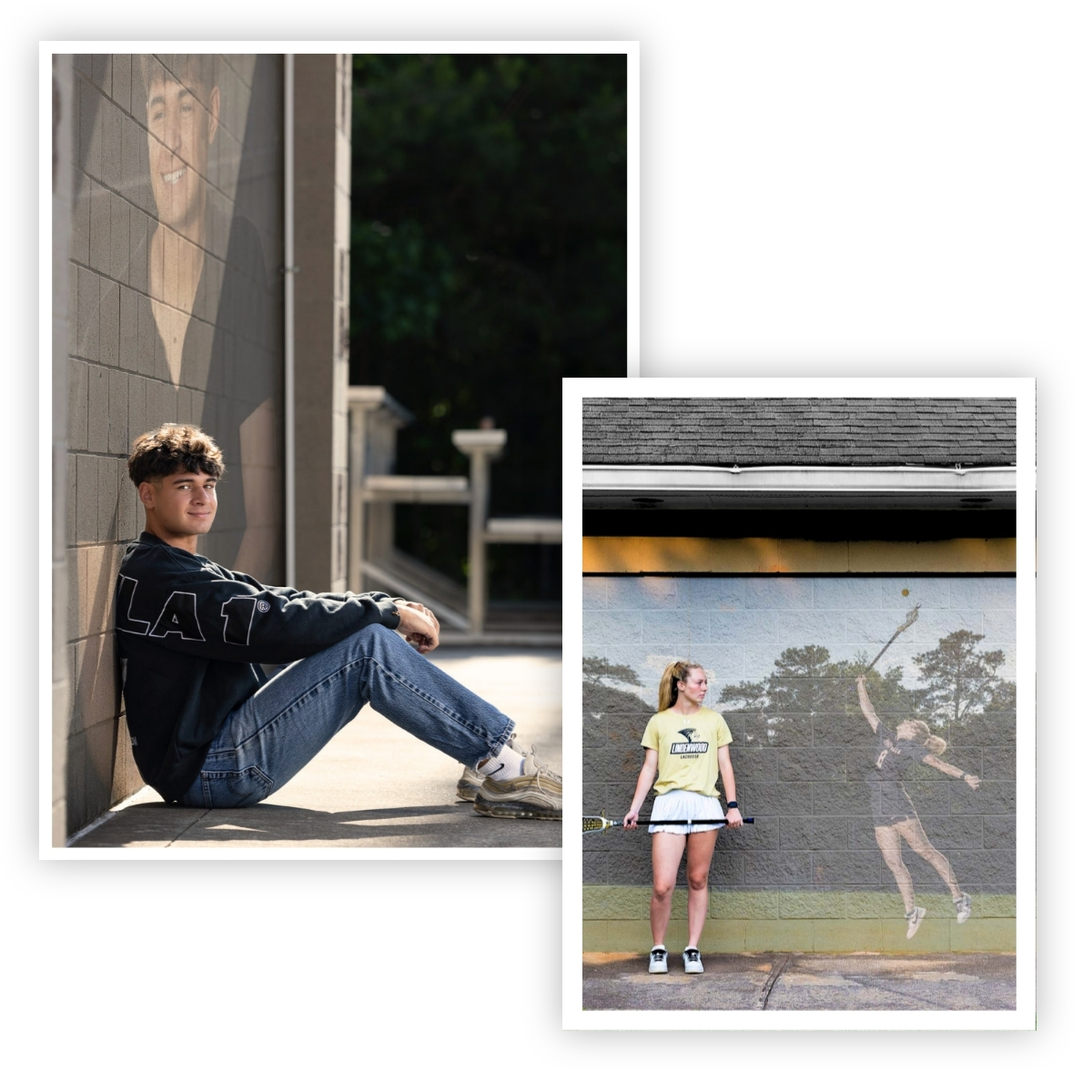 Two senior images, one of a boy track athlete, and the other of a girl lacrosse star.  The images combine a photo of the athlete with a composited image of them layered on a wall surface behind them in the primary image.