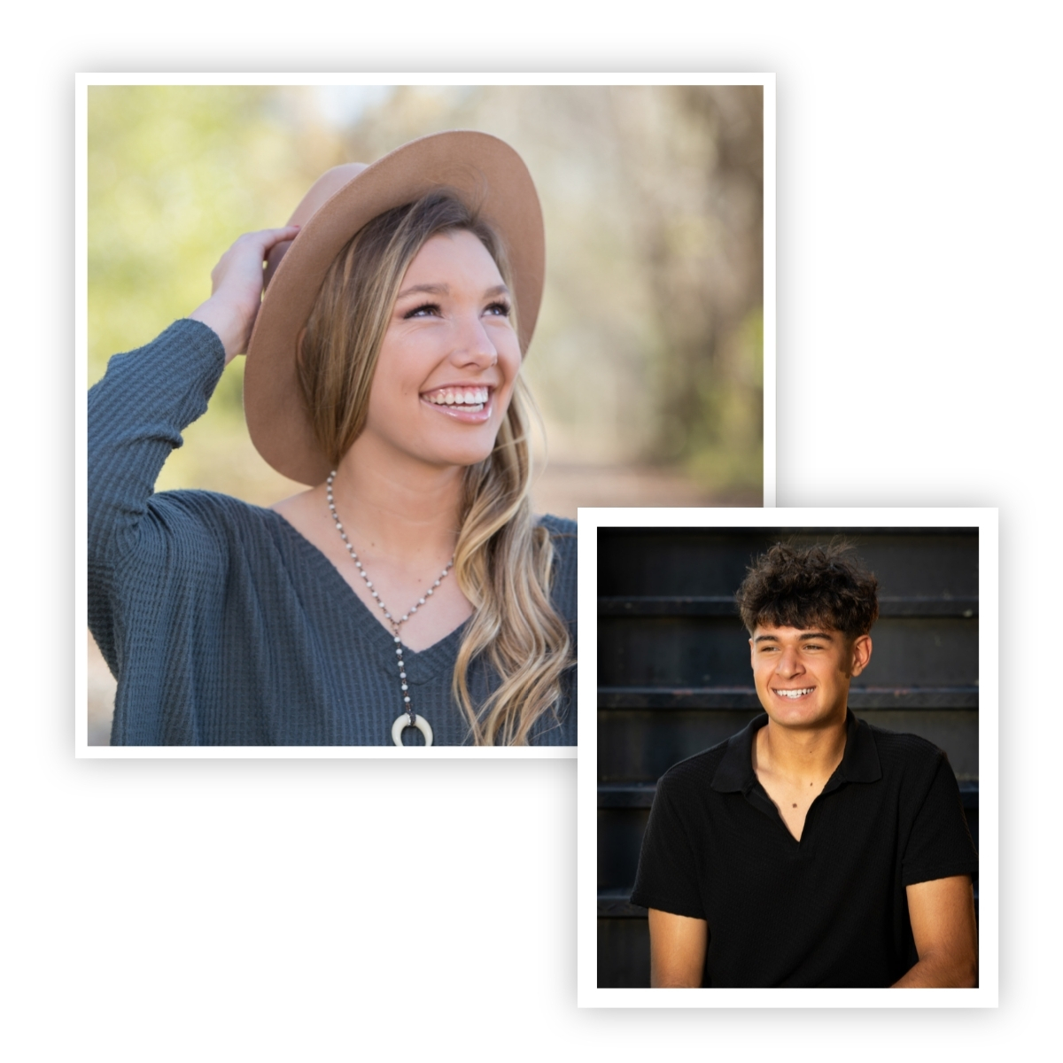 Collage of two high school senior portraits, one boy and one girl, both looking away and laughing naturally