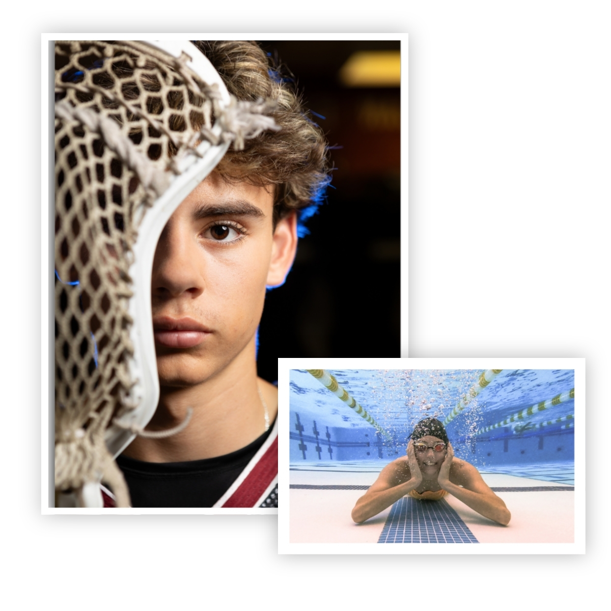Collage of two high school athletes, one close up of a lacrosse player with lacrosse stick, one underwater picture of a swimmer on the bottom of a pool