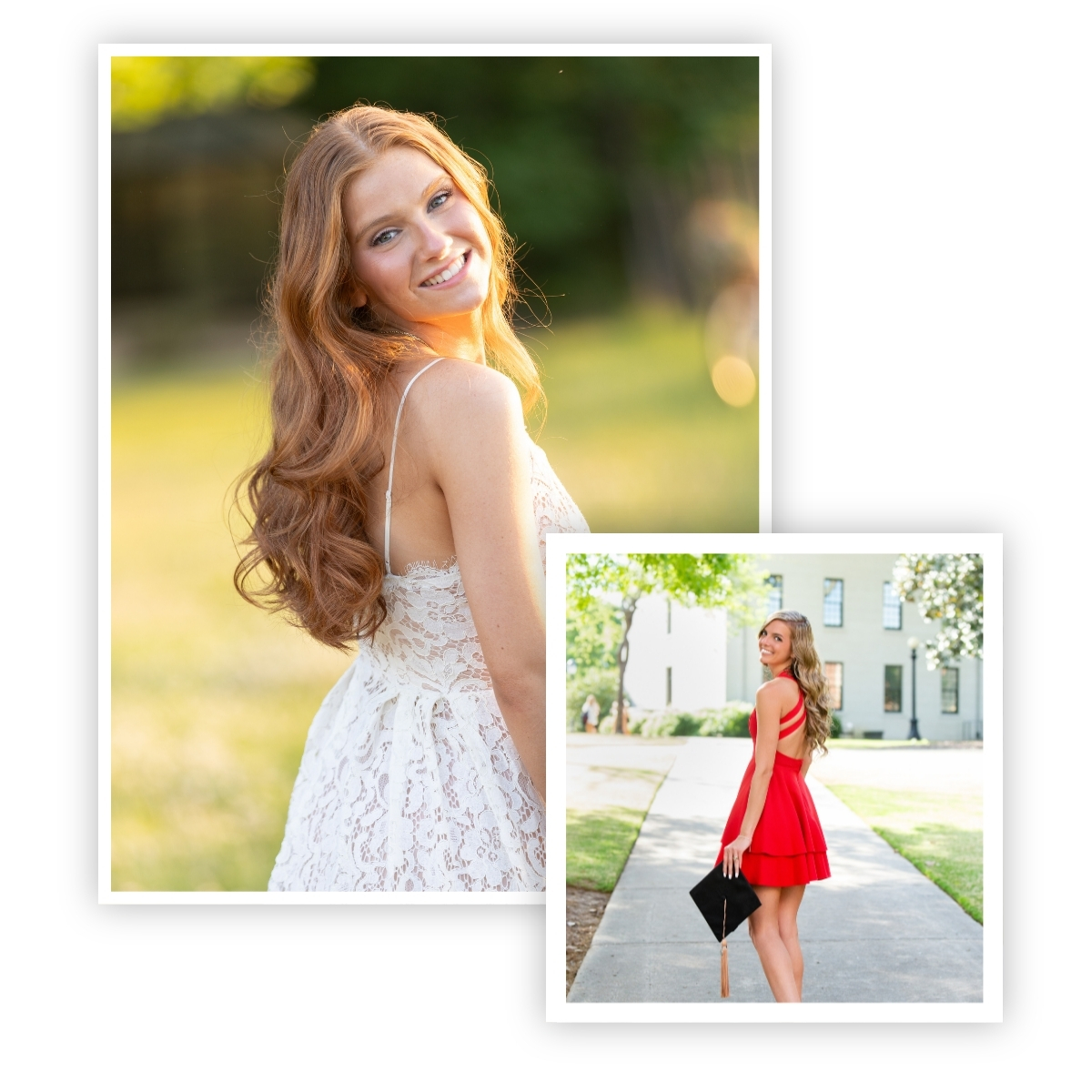Collage of two high school senior portraits, with one subject looking over her shoulder toward camera.