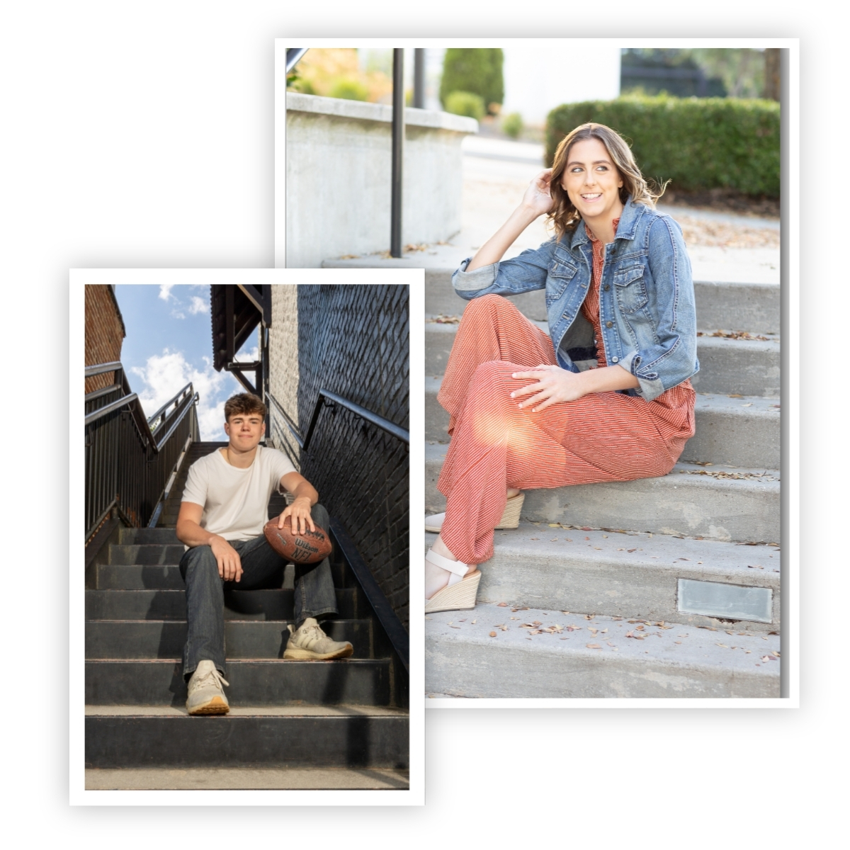Collage of two high school senior portraits, one boy and one girl, sitting casually on stairs in an urban area