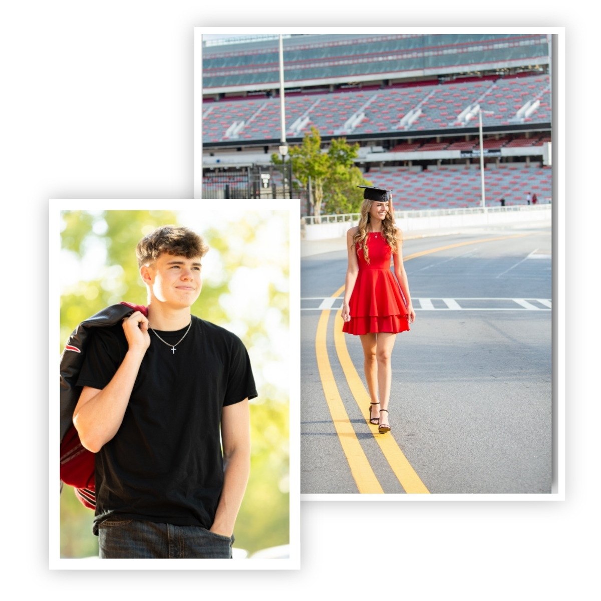 Collage of two high school senior portraits, one boy walking with letterman jacket over his shoulder, one girl walking down the street in front of UGA's Sanford Stadium.